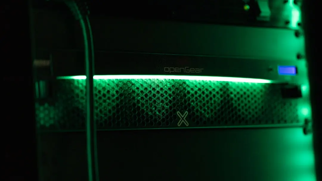 Server room lights for an article by Atlanta based Software Engineer, Namir Ahmed.